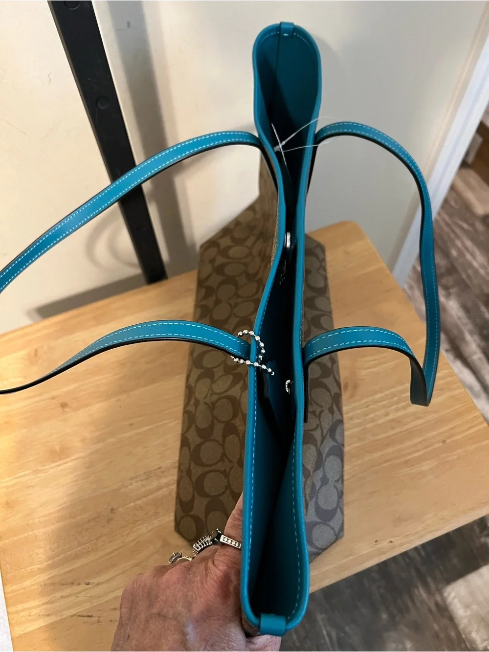 Coach Brown Signature Tote with Turquoise Trim